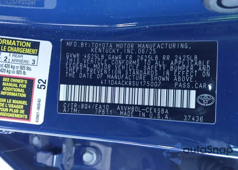 2025 Toyota Camry Se from USA, damaged, VIN 4T1DAACK8SU175007